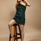 Off-Shoulder Green & Black Velvet Sequin Dress