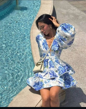 Blue Floral Short Dress