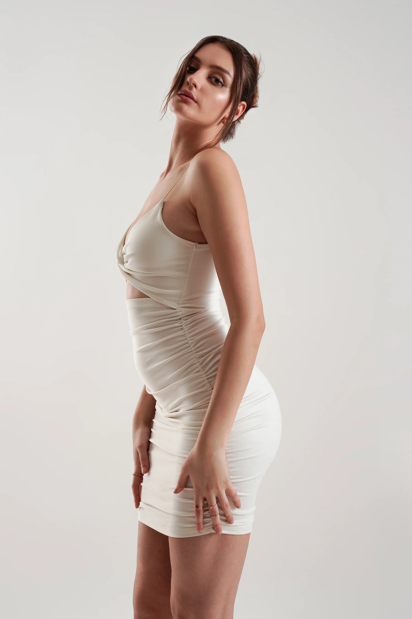 FOCUS ON ME Cut Out Ruched Mini Dress in Ivory