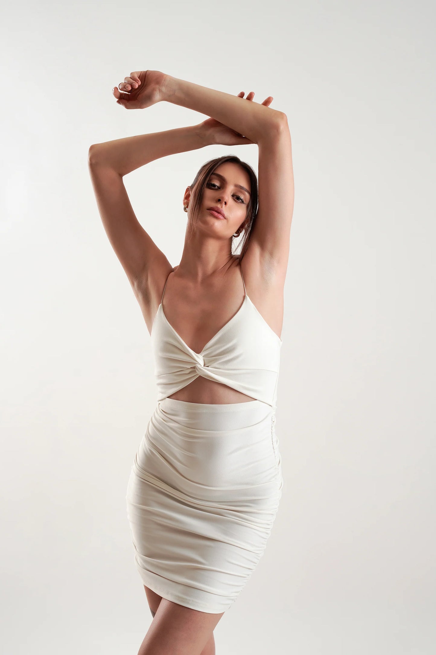 FOCUS ON ME Cut Out Ruched Mini Dress in Ivory