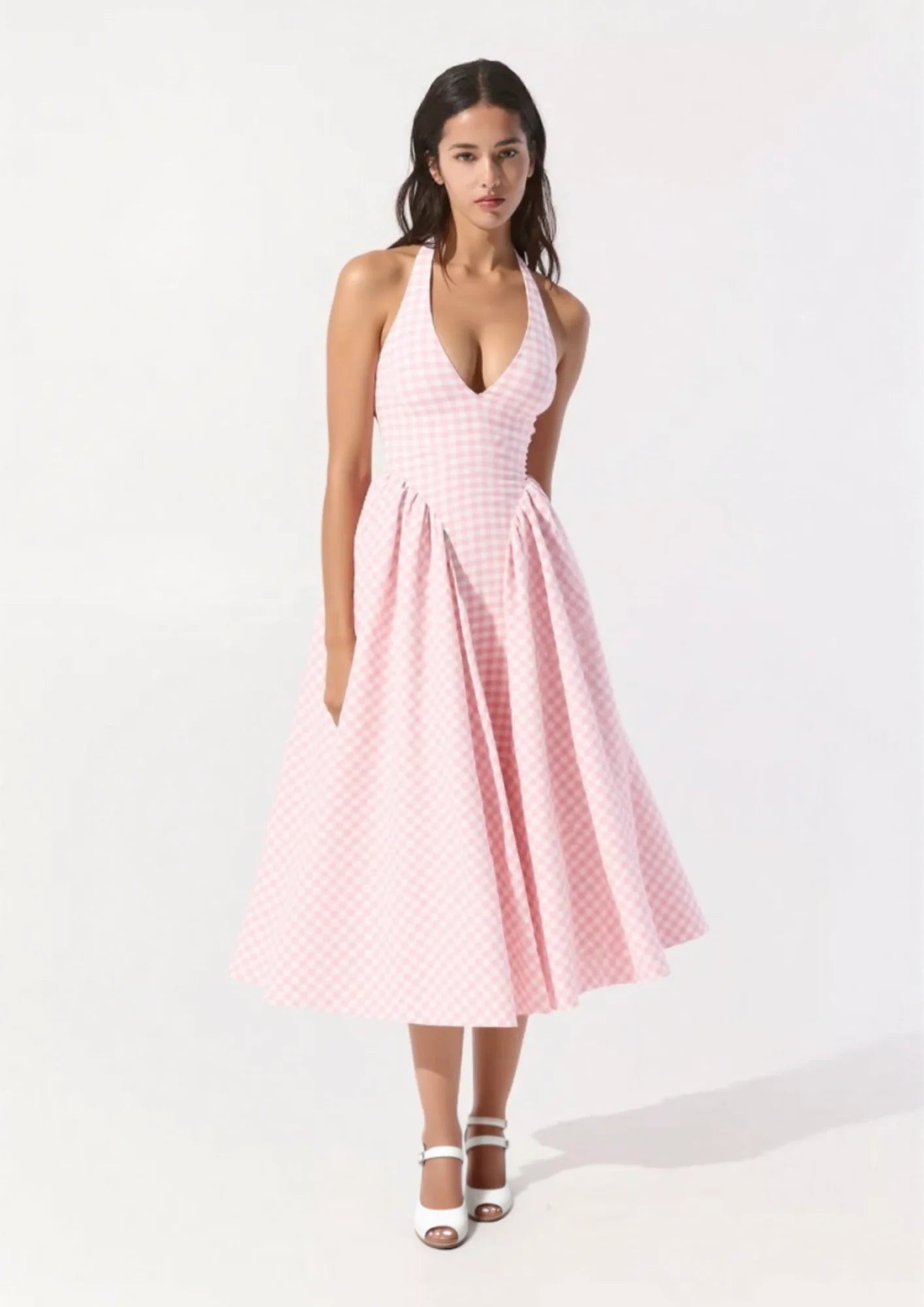Arina strawberry gingham halter midi sundress
